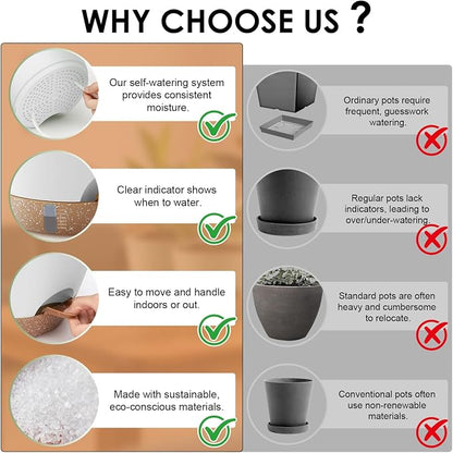 QRRICA 12/10/9 Inch Self-Watering Plant Pots with Water Level Indicator, Drainage Holes & Saucers – Large Plastic Planter Set for Indoor & Outdoor Plants (White)