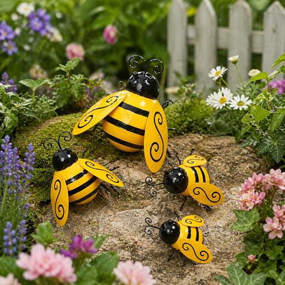 MACLARONX 4 PCS Metal Bumble Bee Garden Decor Outdoor Honey Bee Fence Yard Art Outside Patio Home Wall Decoration