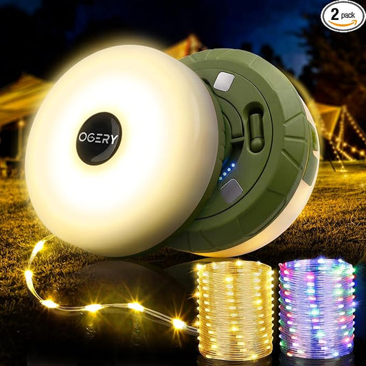 OGERY 2-Pack Camping String Lights, 32.8FT Rechargeable Christmas String Lights Outdoor/Indoor, 8 Modes 4-in-1 Quick Storage Fairy Lights Portable Lamp for Xmas Tree Decor Party Camping Essentials