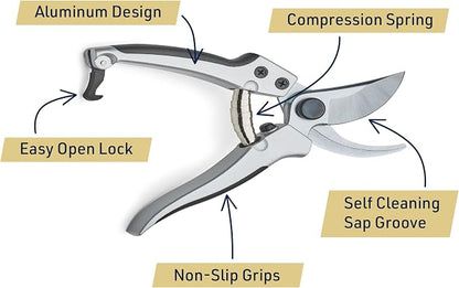 Bypass Pruning Shears for Gardening - 8” Heavy Duty Garden Shears - Spring-Loaded Snap Catch and Ergonomic Grips - Ultra Sharp Rust Resistant Trimming Scissors - Gardening Tools by Kings County Tools