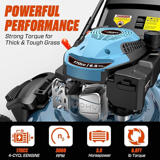 SENIX 22 Inch Self Propelled Gas Lawn Mower 170cc 4-Cycle RWD Mower | SENIX 22" Self-Propelled Gas Lawn Mower, Gas Powered Lawn Mower,170cc 4-Cycle Engine, Easy Start