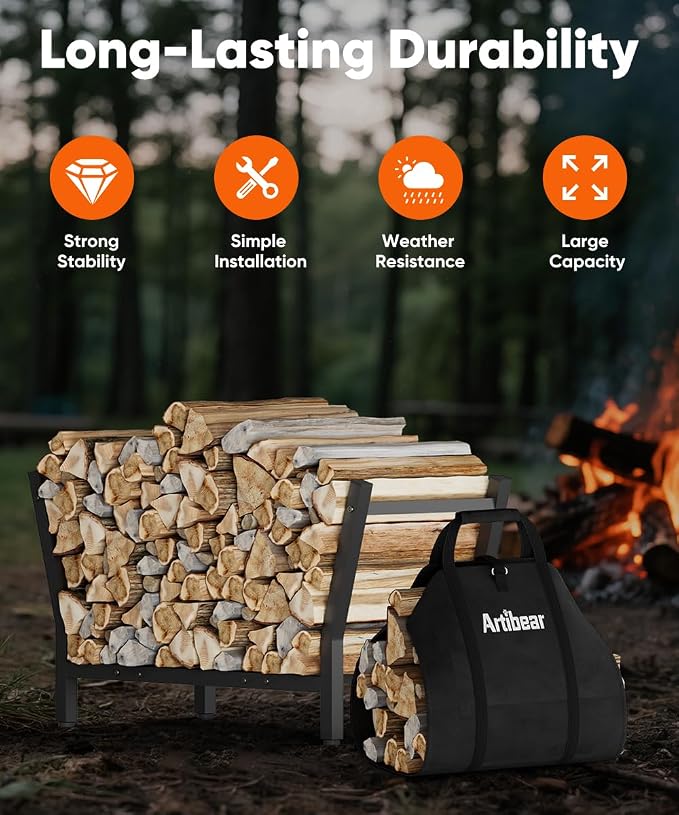 28 Inch Firewood Rack with 900D Canvas Log Carrier Bag, Outdoor Indoor Log Holder for Fireplace, Heavy Duty Fire Wood Log Stand, Wood Pile Stacker Storage Organizer Tool for Patio Deck, Black