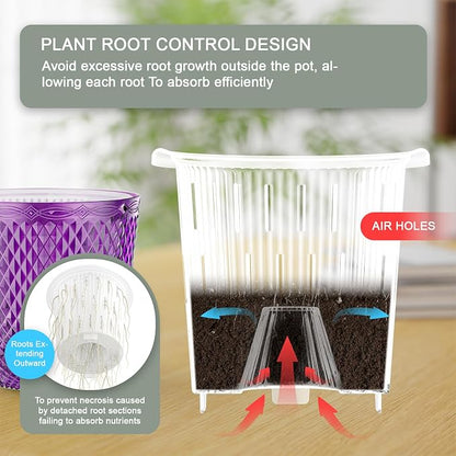 QCQHDU Hanging Planters for Indoor Plants, 2-Pack, 7.2 Inch, Purple | Plastic, Self Watering Plant Hanger, with Drainage Holes, 3 Hooks Chains, For Garden Home