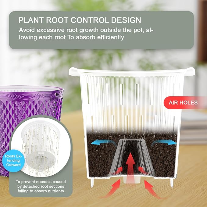 QCQHDU Hanging Planters for Indoor Plants, 2-Pack, 5.7 Inch, Purple | Plastic, Self Watering Plant Hanger, with Drainage Holes, 3 Hooks Chains, For Garden Home