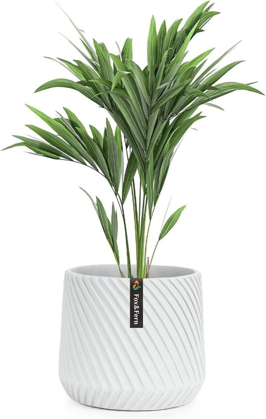 Fox & Fern Large Indoor Planter, Modern Large Plant Pot for Indoor or Outdoor, UV and Frost Resistant - 8 Inch, Matte White Flower Pot with Drainage Plug, 3D Printed Design
