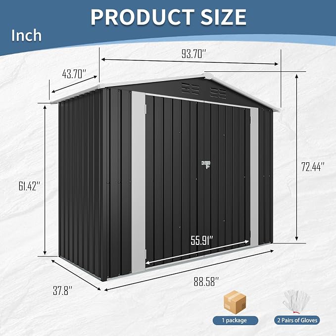 YOPTO 8X4 FT Metal Outdoor Storage Shed W/Lockable Latch,Black | Air Vent,Double‑Hinged Door,Sloped Roof,Reinforced Structure,All Weather Waterproof for Garden,Patio,Backyard,Lawn