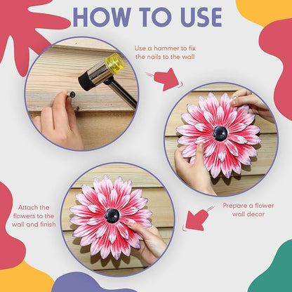 Zhehao 6 Pcs Flower Metal Wall Art Decor 8 Inch Flower Decorations for Indoor Outdoor, Hanging Sunflower Kitchen Decoration Metal Floral for Bathroom,Porch, Garden, Living Room, Yard(Cute Color)