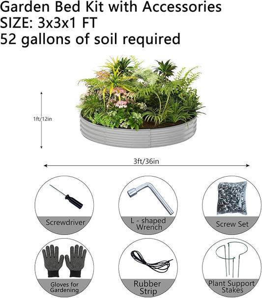 ZFHgarden Galvanized Planter Outdoor Galvanized Metal Planter Round Raised Garden Bed Kit for Gardening Outdoor 1PC Gray 3X3X1FT