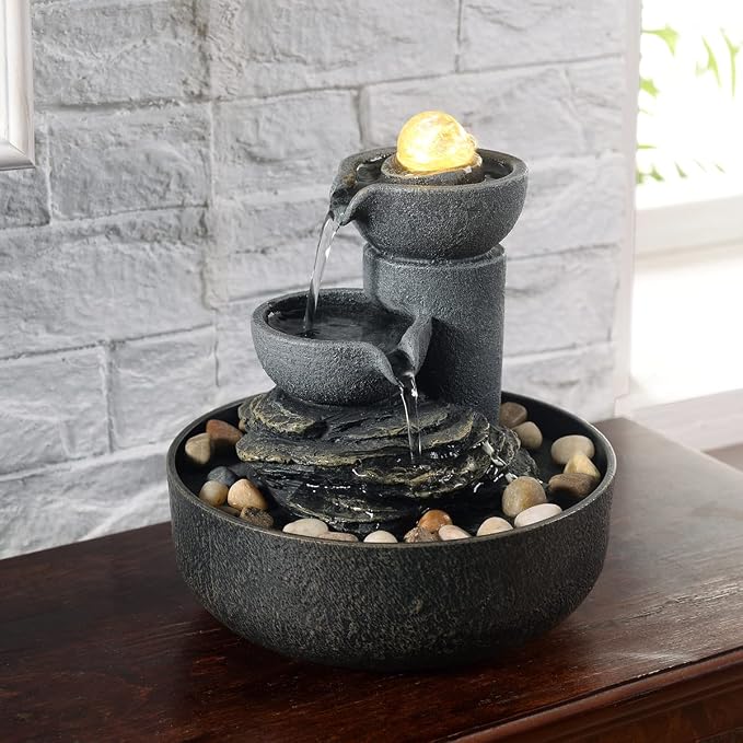 GOSSI Tabletop Water Fountain 2-Tier Indoor Waterfall Fountain with LED Light, Cobblestone & Glass Rolling Ball, Soothing Meditation Sounds for Office & Home Decor