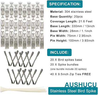 Bird Spikes Cover 21.6Feet Stainless Steel Pigeons Spikes Small Bird Spike for Roof Fence Window Mailbox(20pcs) | Easy to install, with zip ties
