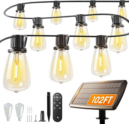 addlon 102FT(96+6) Solar String Lights Outdoor with Remote, 48 LED Dimmable Waterproof Patio Hanging Lights (2FT Bulb Spacing), Long-Lasting Solar Light for Outside, Yard, Backyard, Garden, Camping