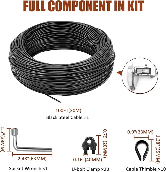 String Light Hanging Kit Outdoor, All-Black Globe String Lights Suspension Kit w/ 100FT PVC Coated Steel Cable & Enough Accessories, Guide Wire for String Light, Patio Light, Camping Light