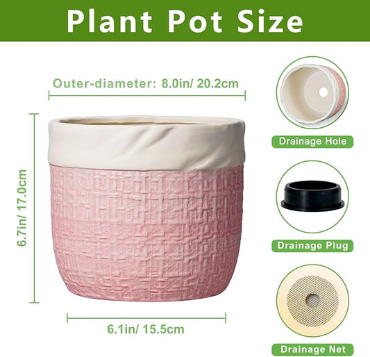 Ceramic Plant Pots - 8 Inch Planter for Indoor Plants Outdoor, Decorative Planter with Drainage Hole and Plug, Boho Round Unique Flower Pots, Home Decor, Gifts for Plant Lovers, Pink