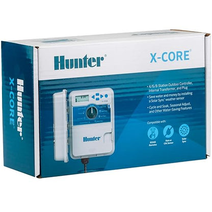 Hunter X-Core Sprinkler Timer, 4-Zone Indoor/Outdoor Sprinkler Controller | Indoor/outdoor 4-zone irrigation controller with seasonal adjustment, memory backup, manual controls, and no WiFi needed