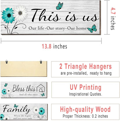 4 Pcs White Farmhouse Wall Decor with Teal Butterflies & Daisies, Rustic Wooden Signs Set, Floral Wall Art for Living Room Bedroom, Housewarming Gift, 4.7" x 13.8"