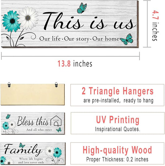 4 Pcs White Farmhouse Wall Decor with Teal Butterflies & Daisies, Rustic Wooden Signs Set, Floral Wall Art for Living Room Bedroom, Housewarming Gift, 4.7" x 13.8"