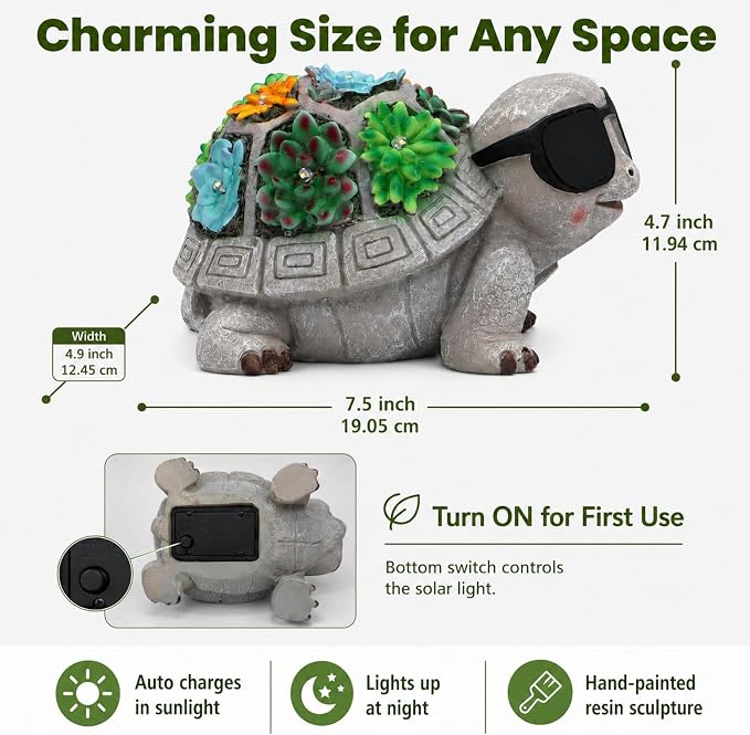 Unique Solar Garden Turtle Statue with I Love You LED Sunglasses and Succulent LED Lights, Lawn Decor Tortoise Figurine for Patio, Balcony Yard Ornament for Mom, Women & Grandma