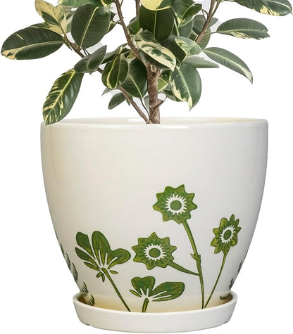 MPotTo Ceramic Plant Pot 10 Inch - Ceramic Planter for Indoor Outdoor Plants, Decorative Boho Round Planter with Drainage Hole and Saucer, Housewarming Gifts, Office Garden Home Decor, White