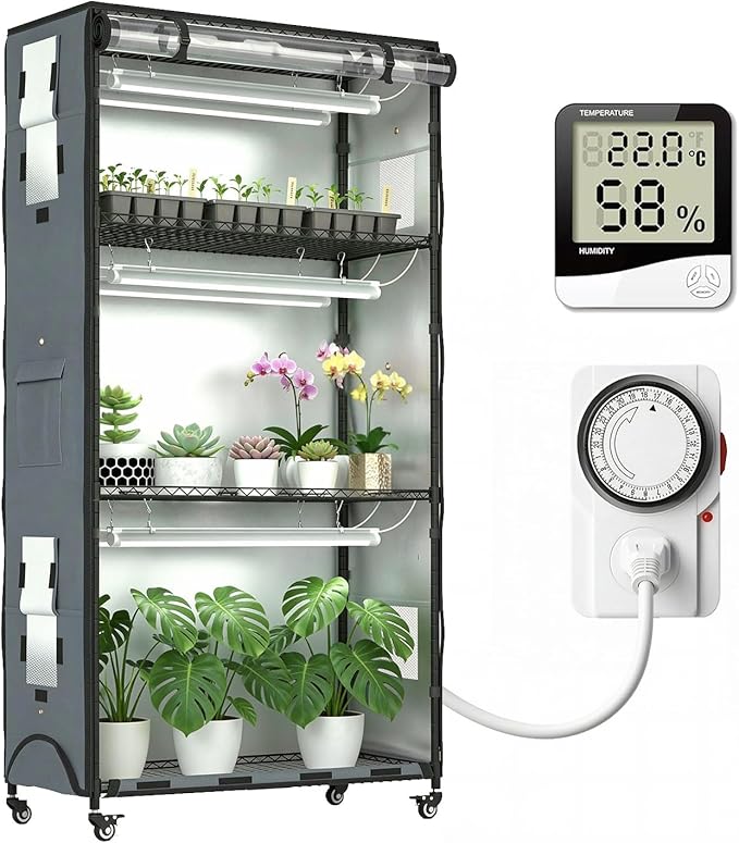 Indoor Greenhouse with Grow Lights & Cover, Plant Stand with Wheels | 36"x14"x63" Plant Shelf, heavy-duty 600D Oxford Cover, 6 full-spectrum Grow Light, Timer, Hygrometer for Seedlings & Flowers