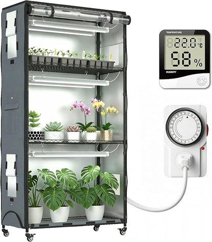 Indoor Greenhouse with Grow Lights & Cover, Plant Stand with Wheels | 36"x14"x63" Plant Shelf, heavy-duty 600D Oxford Cover, 6 full-spectrum Grow Light, Timer, Hygrometer for Seedlings & Flowers