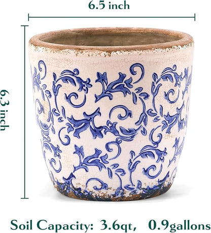 Teweiqi Vintage Ceramic Planter Without Drainage Hole, 6.5 Inch - Indoor/Outdoor Flower Pot for Orchids, Succulents, Blue Floral Rustic Farmhouse Plant Pot for Home, Office & Garden Décor, Ideal Gift