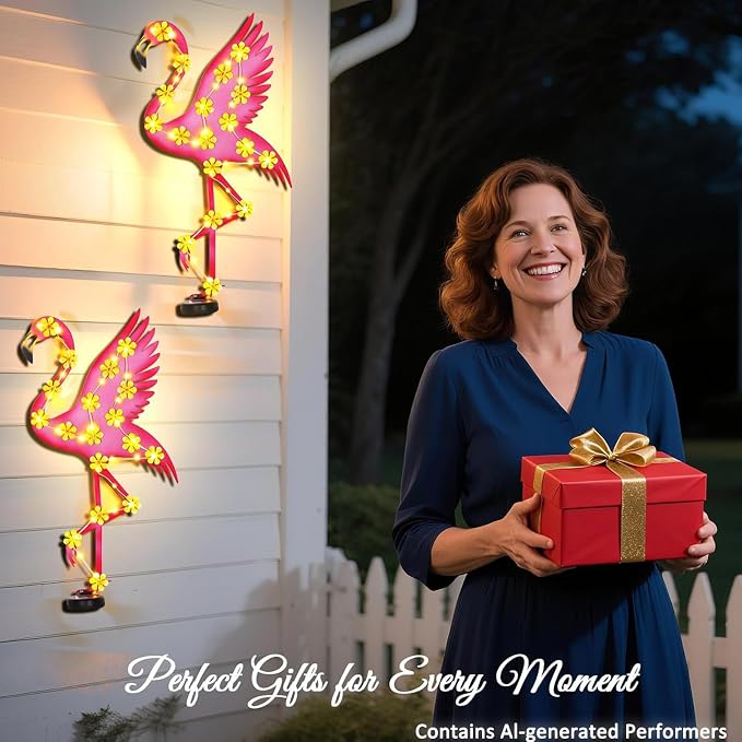 Metal Flamingo Outdoor Wall Decor with 30 Led Solar Lights- 23.2" Outdoor Fence Wall Art Decor, Gift for Mom Grandma Women Birthday Gardening,Hanging Decoration for Garden Patio Porch Yard