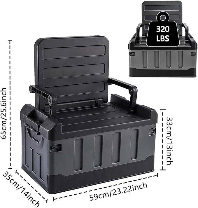 Versatile Foldable Seatable Camping Box Car Organizer Heavy Duty Storage Bins With Lids Box Trunk,Durable Plastic,60L Can Store Clothes, Camping Equipment in Large Capacit (black)