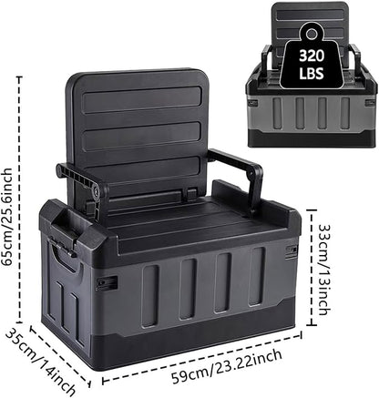 Versatile Foldable Seatable Camping Box Car Organizer Heavy Duty Storage Bins With Lids Box Trunk,Durable Plastic,60L Can Store Clothes, Camping Equipment in Large Capacit (black)