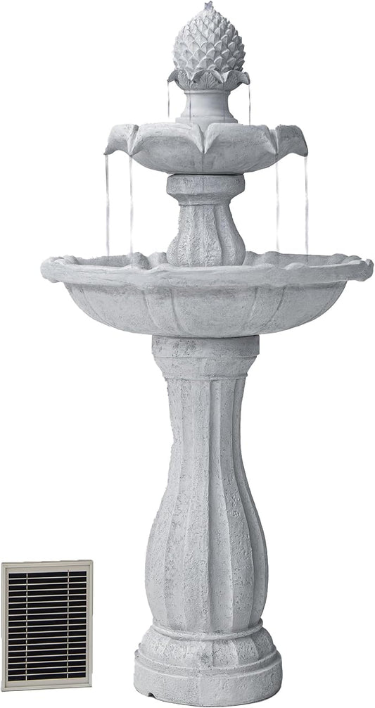 XBrand 44" Solar Powered Outdoor Fountain, Elegant 2-Tier Cascading Water Feature, Fiberglass Resin Garden & Patio Fountain with Solar Panel - White
