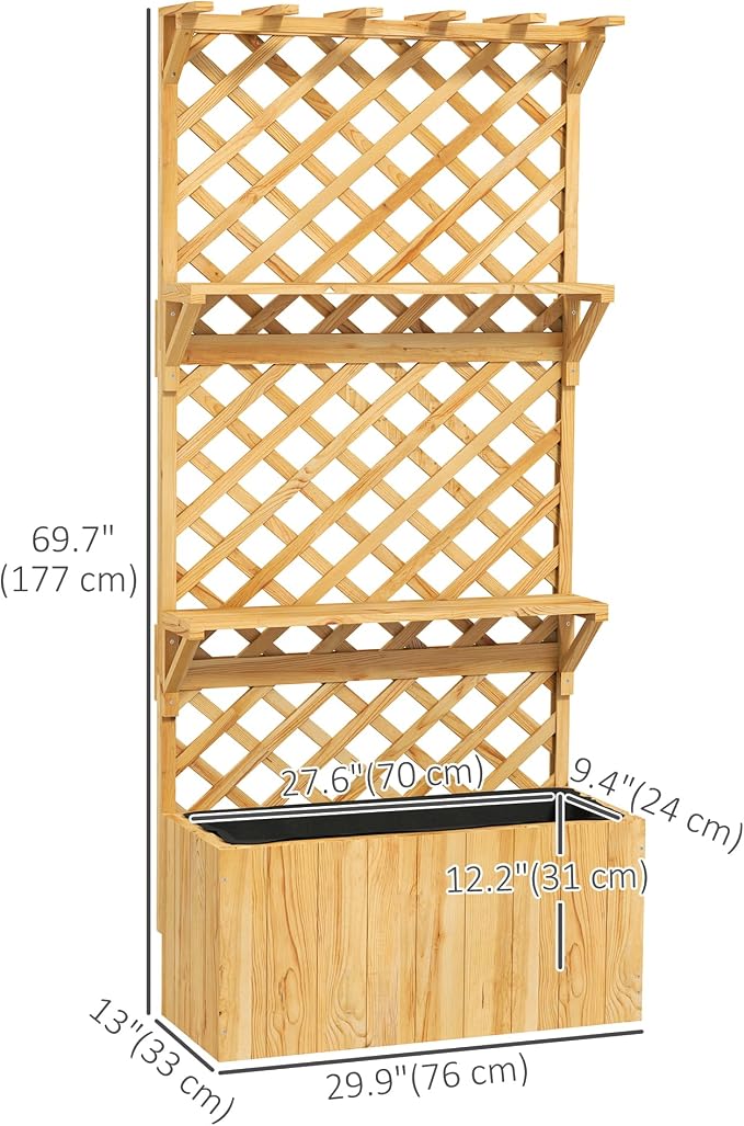 Outsunny Wooden Planter with Trellis, Raised Garden Bed with Hanging Roof, Plant Shelf, Drainage Holes and Bed Liner, for Climbing Plants, Vegetables, Flowers, 30" x 13" x 70", Natural