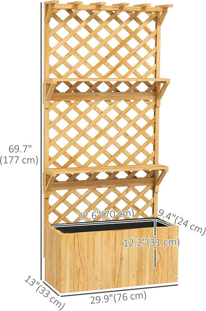 Outsunny Wooden Planter with Trellis, Raised Garden Bed with Hanging Roof, Plant Shelf, Drainage Holes and Bed Liner, for Climbing Plants, Vegetables, Flowers, 30" x 13" x 70", Natural