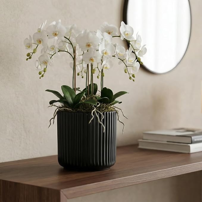 2 Pack of 6in Ceramic Cachepot with Clear Orchid Pot - self Watering Indoor Planter with Drainage for Root Visibility,semi Hydro pots for repotting Orchid,Black