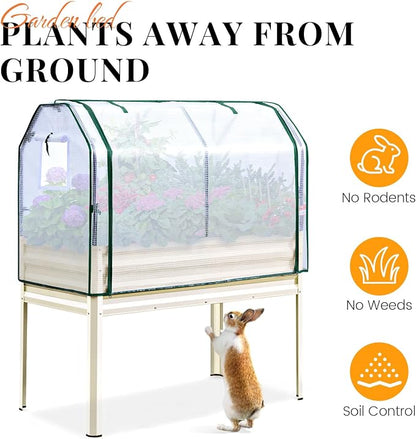 KING BIRD Raised Garden Bed with Cover & Netting Galvanized Elevated Large Planter Box with Legs for Backyard, Patio, Balcony, 400lb Capacity, Beige, 48×24×56 in