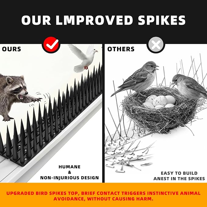 Bird Spikes, 24 Pack, 33.5 FT Total Coverage, Outdoor Bird Deterrent for Pigeons and Small Birds, Helps Keep Cats and Squirrels Away, Plastic Spikes for Fences, Railings and Roofs, Black