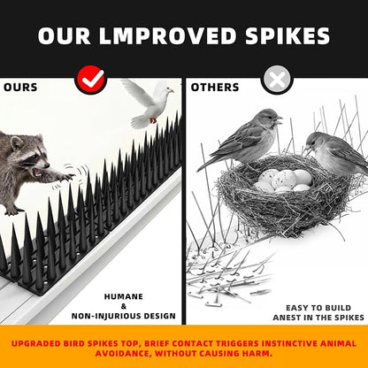 Bird Spikes, 24 Pack, 33.5 FT Total Coverage, Outdoor Bird Deterrent for Pigeons and Small Birds, Helps Keep Cats and Squirrels Away, Plastic Spikes for Fences, Railings and Roofs, Black