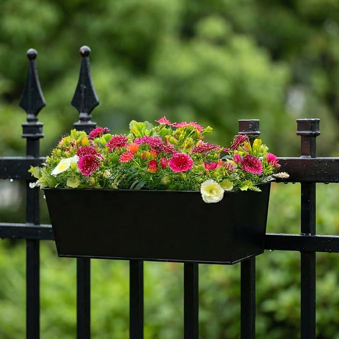 3 Pack Metal Railing Planters, 16 Inch Large Rectangular Hanging Flower Pots with Detachable Hooks & Drainage Holes, Fits Rails up to 2.5", Galvanized Iron Window Box for Balcony Garden - Black