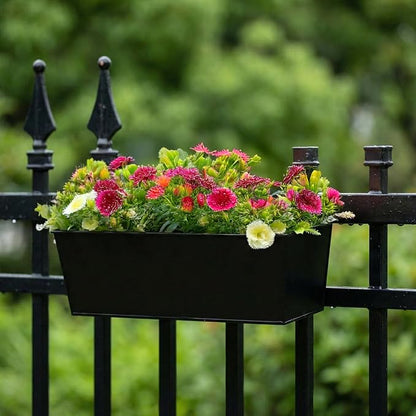 3 Pack Metal Railing Planters, 16 Inch Large Rectangular Hanging Flower Pots with Detachable Hooks & Drainage Holes, Fits Rails up to 2.5", Galvanized Iron Window Box for Balcony Garden - Black