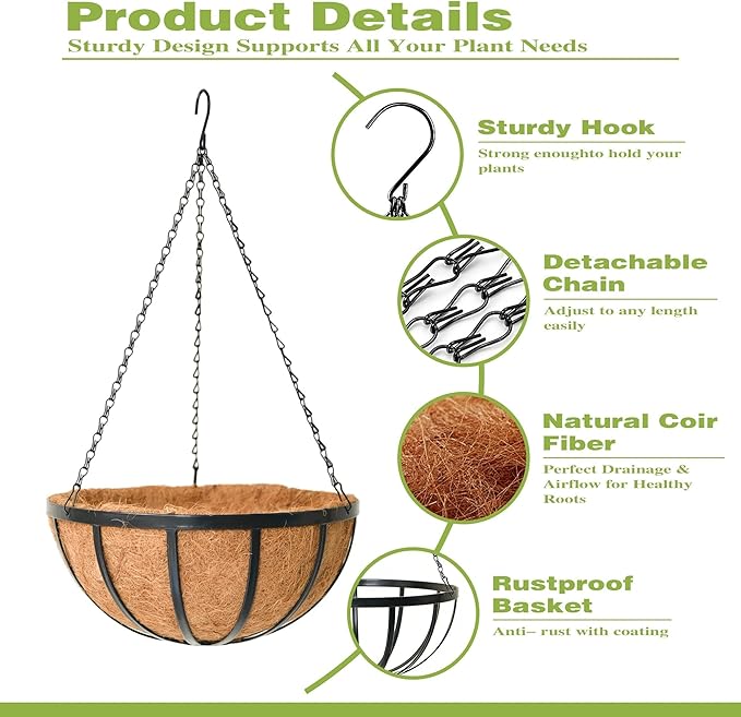 16 Inch Black Flat Iron Metal Hanging Planter Basket with Coco Coir Liner(4 Pack) Hanging Planters for Outdoor Plants Hanging Baskets for Plants Flower Pots for Deck Patio Porch Garden Balcony