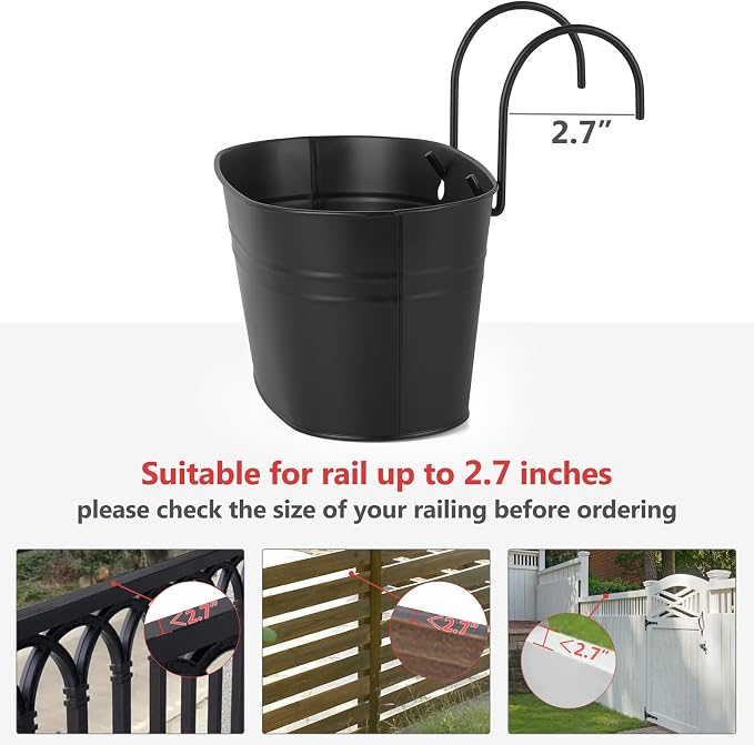 Dahey 3 Pcs 10.5 Inch Hanging Flower Pots for Railing Fence Metal Wall Planters for Indoor Plants Outdoor Countryside Window Flower Holder with Hooks Drainage Holes for Garden Yard Home Decor, Black
