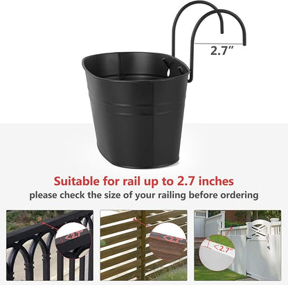 Dahey 3 Pcs 10.5 Inch Hanging Flower Pots for Railing Fence Metal Wall Planters for Indoor Plants Outdoor Countryside Window Flower Holder with Hooks Drainage Holes for Garden Yard Home Decor, Black