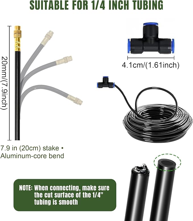 20PCS Push-to-Fit Drip Irrigation Mister Emitters with T-Connectors, Copper 360° Adjustable Bendable Atomizing Nozzles for 1/4" Tubing, Micro Spray Nozzles for Garden Greenhouse Raised Beds