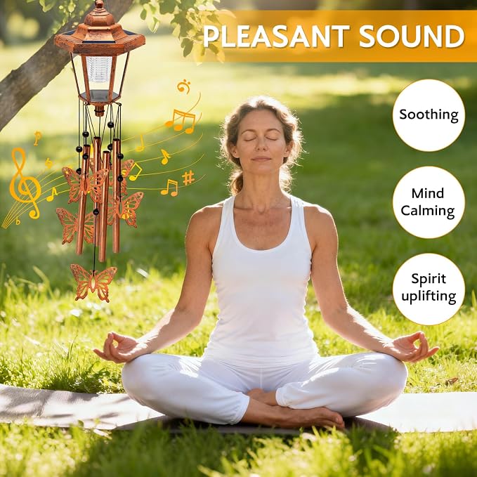 Large Solar Butterfly Wind Chimes, Gift for Women Mom Grandma Wife Sister Daughter Neighbor, Classic Bronze Wind Chimes With Wind Catcher, Solar Decor Lights For Outdoor Garden Patio Yard Porch Window