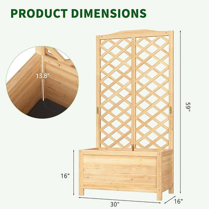 Wooden Raised Garden Bed with Trellis, Freestanding Planter Box with Drainage for Vines Climbing Plants Flowers Herbs, Elevated Gardening Planter for Backyard Balcony Patio