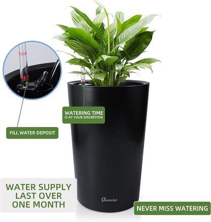 Dexceder 16x12 Self Watering Tall Planter (Black Matte) | High Cylinder, Thickened Large Floor Standing Flower Plant Pot with Water Level Indicator Indoor Outdoor