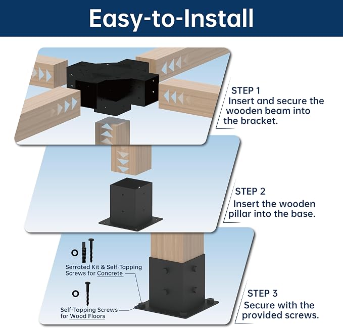 Pergola Bracket Kit 4x4, 1pcs 5-Way Corner Bracket and 1 Base, Used as The Middle Support of Large Awnings, for Connecting The Extended Pavilion Wood Beams of The Gazebo and Wood Stand Sheds