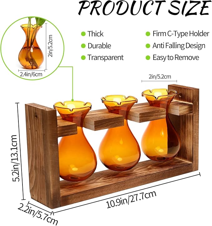Plant Propagation Station Plant Terrarium Unique Birthday Gifts for Women | Plant Lovers Home Office Decor Planter with Wooden Stand - 3 Bulb Glass Vase