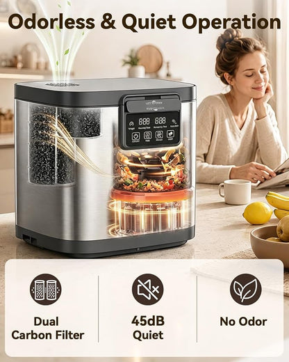 Electric Composter for Kitchen, 4L Indoor Odorless Compost Bin with 2 Carbon Filters, Upgraded Brushless Motor, Auto-Clean, LED Display, Visible Window, Smart Countertop Food Waste Composting Machine