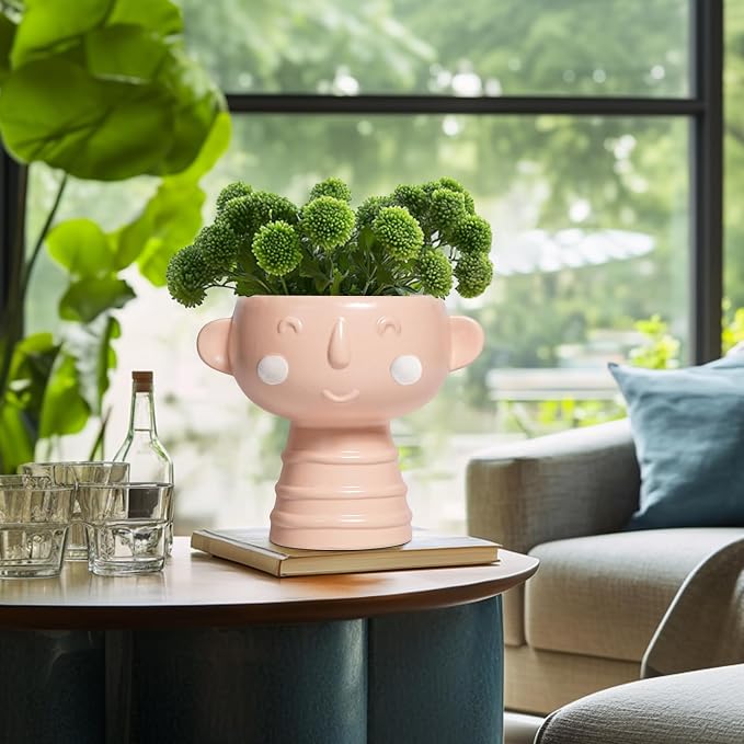 Face Planter Pots Head 7 Inch - Ceramic Face Pot for Plants Indoor Outdoor, Cute Decorative Plant Pots with Drainage Hole, Succulent Planters, Living Room Decor, Valentine Gifts, Matte Pink