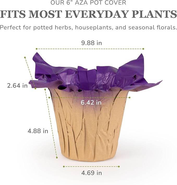 6” AZA Plant Pot Covers, FSC® Certified Recycled Kraft Paper, Decorative Plant Sleeve for House Plants, Reusable and Gift-Ready for Potted Flowers, Purple, Pack of 5