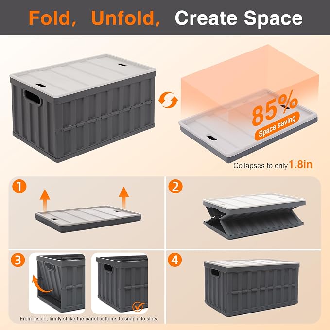 Citylife 64L Collapsible Storage Bins with Lids Plastic Storage Containers for Organizing Stackable Storage Box Large Heavy Duty Utility Crates, 4 Packs